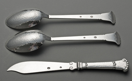 Danish Silver Martele Tablespoons (Pair) and Cheese Knife