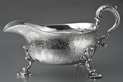 Early Georgian Rococo Sterling Silver Sauce Boat - Richard Pargeter, Alleyn Family Crest, Lidsel Family