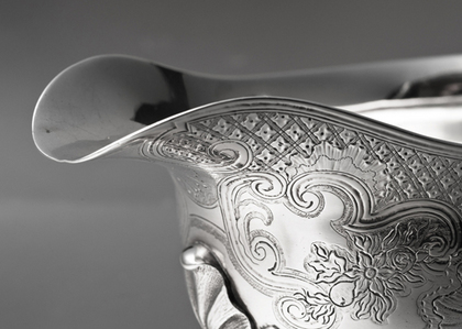 Early Georgian Rococo Sterling Silver Sauce Boat - Richard Pargeter, Alleyn Family Crest, Lidsel Family