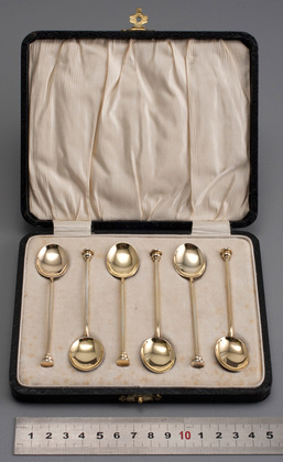 Sterling Silver and Guilloche Enamel Gilded Seal Top Coffee Spoons (Set of 6)  - Art Deco, William Suckling