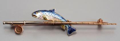 9 Carat Gold and Cast Silver & Enamel Rainbow Trout Fishing Brooch