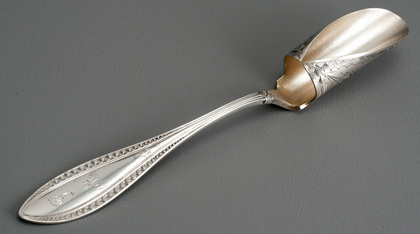 Whiting Indian Pattern Sterling Silver Cheese (Stilton) Scoop - Gold Wash, Bright Cut, Retailer N Harding & Co, Boston, Designer Charles Osborne