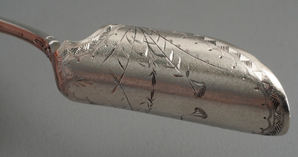 Whiting Indian Pattern Sterling Silver Cheese (Stilton) Scoop - Gold Wash, Bright Cut, Retailer N Harding & Co, Boston, Designer Charles Osborne