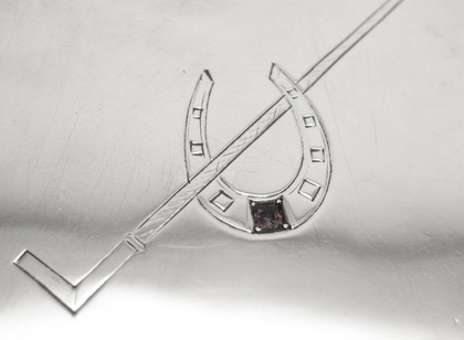 German Silver Cigarette Case - Horseshoe, Ruby, Riding Crop