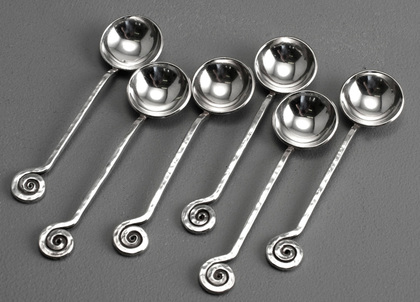 Kurt Jobst Arts & Crafts Sterling Silver Tea Spoons (Set of 6) - Spiral Design, Chameleon Tail