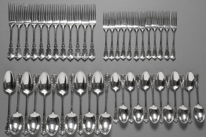 Rare Straight Tudor Pattern Silver Flatware Set (48 Pieces, 12 Tablespoons, 12 Table Forks, 12 Dessert Spoons, 12 Dessert Forks)