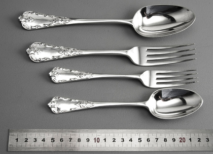 Rare Straight Tudor Pattern Silver Flatware Set (48 Pieces, 12 Tablespoons, 12 Table Forks, 12 Dessert Spoons, 12 Dessert Forks)
