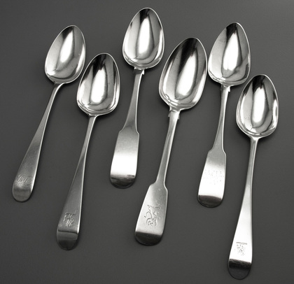 Irish Georgian Silver Tablespoons (Mixed Collection of 6) - Old English, Fiddle Patterns