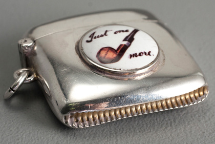 Antique Silver and Enamel Vesta Case - Just One More, Enamel Pipe