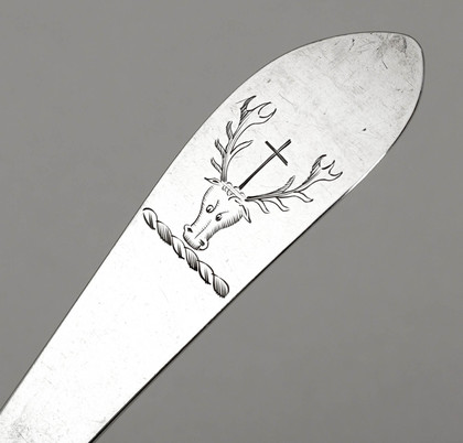 Irish Georgian Silver Sauce Ladle - John Power, Dublin, Bassett Family Crest