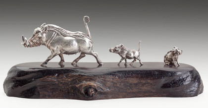 Patrick Mavros Silver Sculpture Warthog Family On Blackwood Base