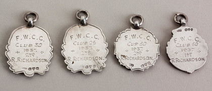 Set of 4 Sterling Silver and Gold Cycling Fob Medallions - FWCC, R Richardson, Foster Wheeler Cycling Club