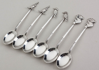 Australian Sterling Silver Fauna & Flora Souvenir Spoons (Set of 6) - Kangaroo, Koala, Kookaburra, Hardy Bros, WJ Sanders
