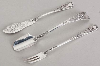 Antique Silver Cased Stilton Scoop, Pickle Fork and Butterknife - Venetian/Italian Pattern