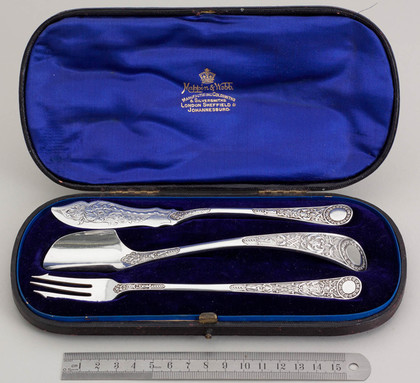 Antique Silver Cased Stilton Scoop, Pickle Fork and Butterknife - Venetian/Italian Pattern