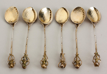 Rare Set of Liberty & Co. Japanese Sterling Silver Octopus Teaspoons (Set of 6) - Sadajiro of Musashiya. 