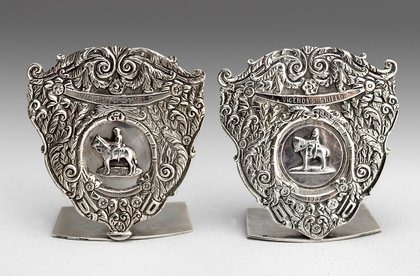Indian Colonial Silver Viceroys Shield Trophy Menu Holders (Pair) - J. Boseck & Co.