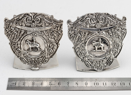 Indian Colonial Silver Viceroys Shield Trophy Menu Holders (Pair) - J. Boseck & Co.