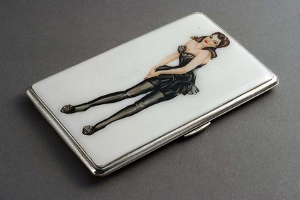 Silver Enamel Cigarette Case - Pin-up girl