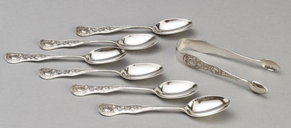 Edwardian Silver Rose Pattern Teaspoons (Set of 6) & Sugartongs
